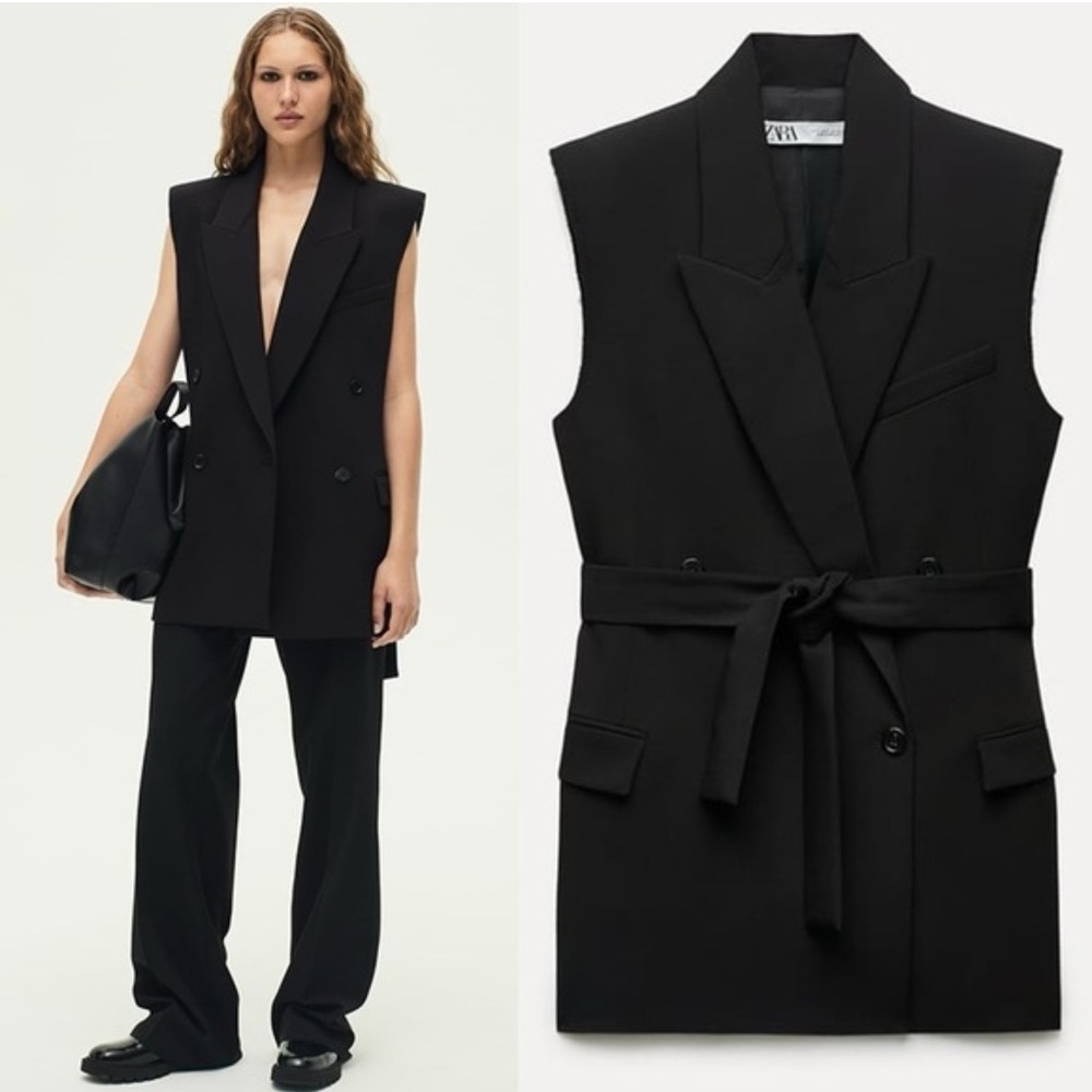 Zara Black Sleeveless Blazer with Belt